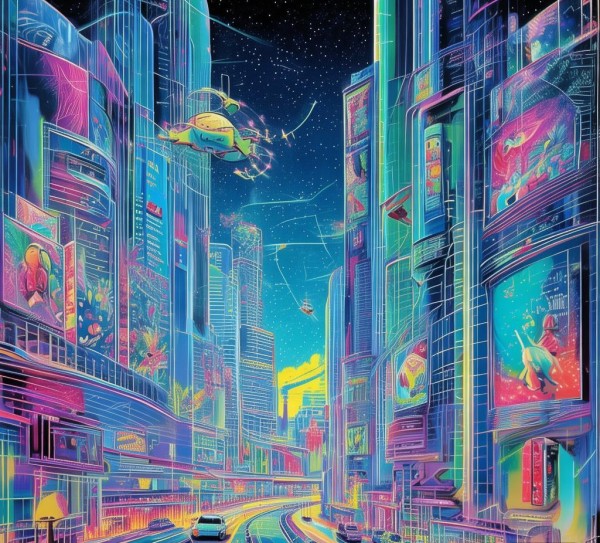 科技与创新主题A3纸横版画，以艺术之笔描绘未来图景的科技交响